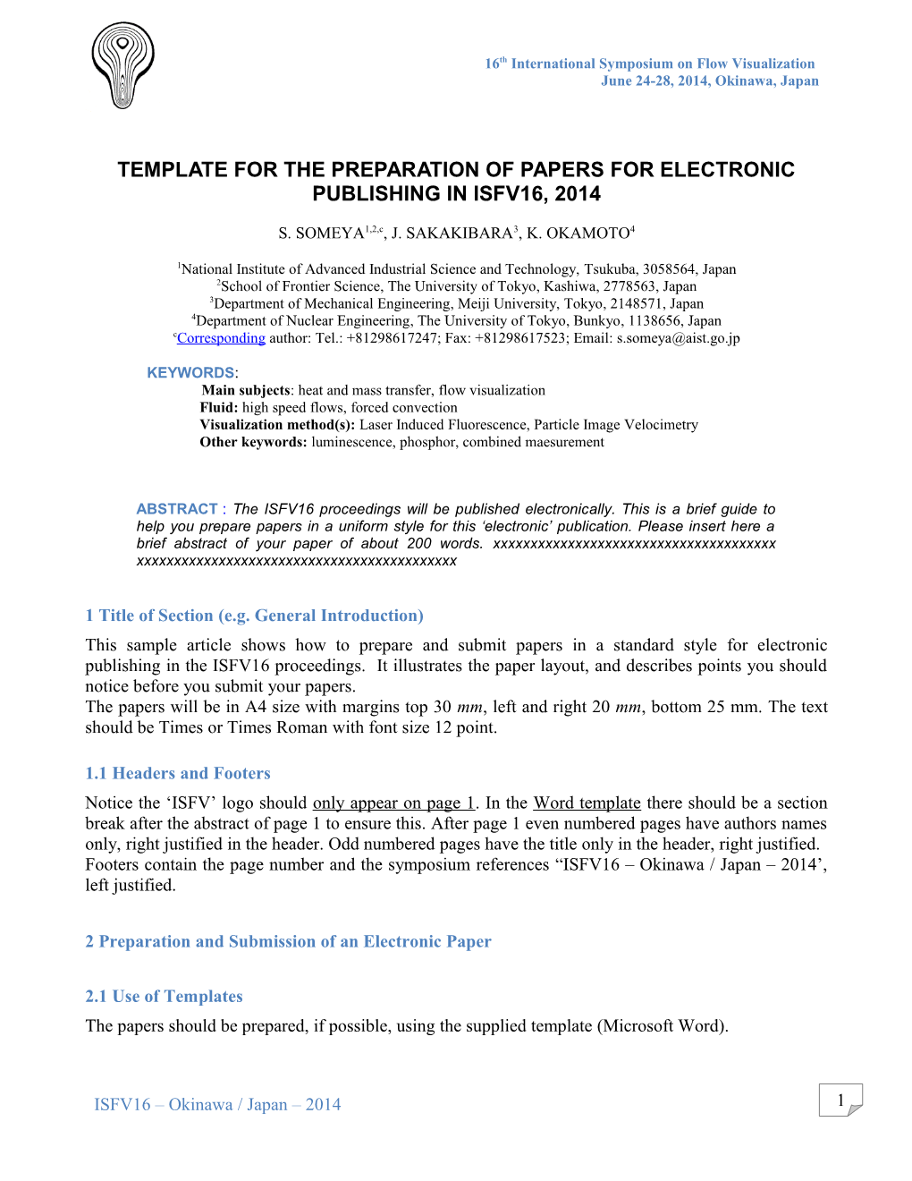 Template for Preparing Full Paper for the ISFV16