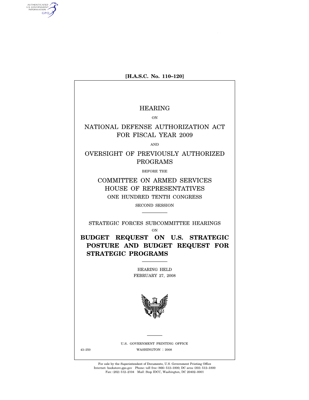 Hearing National Defense Authorization Act For