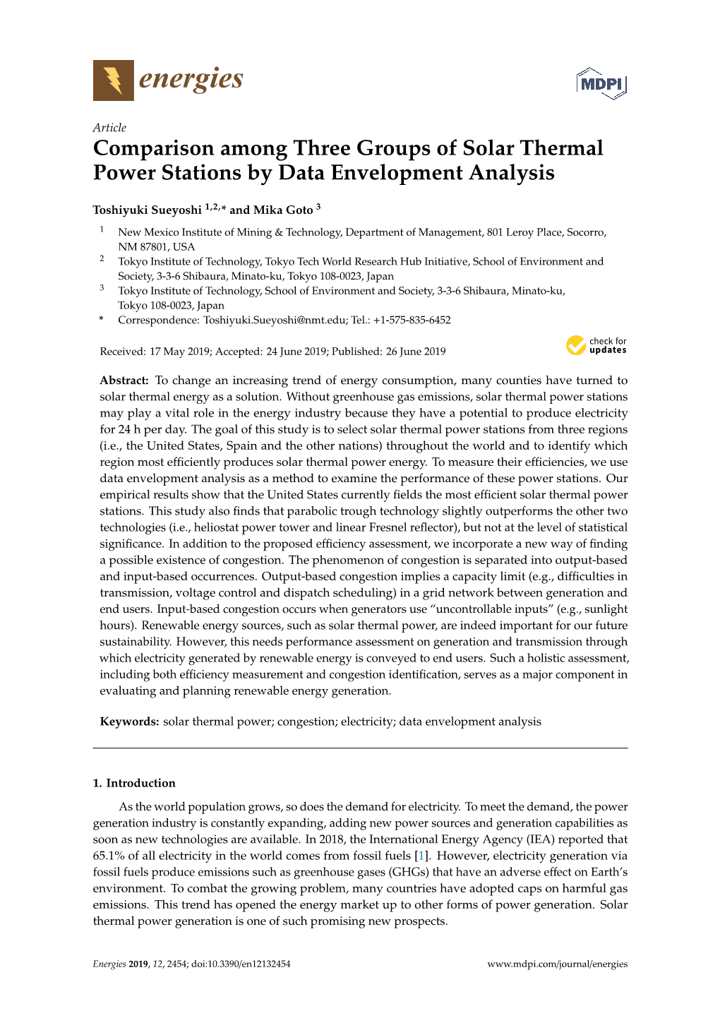 Comparison Among Three Groups of Solar Thermal Power Stations by Data Envelopment Analysis