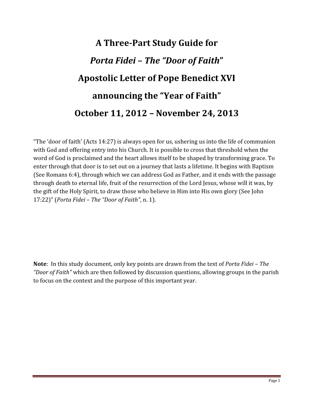 A Three-Part Study Guide for Porta Fidei – the “Door of Faith”