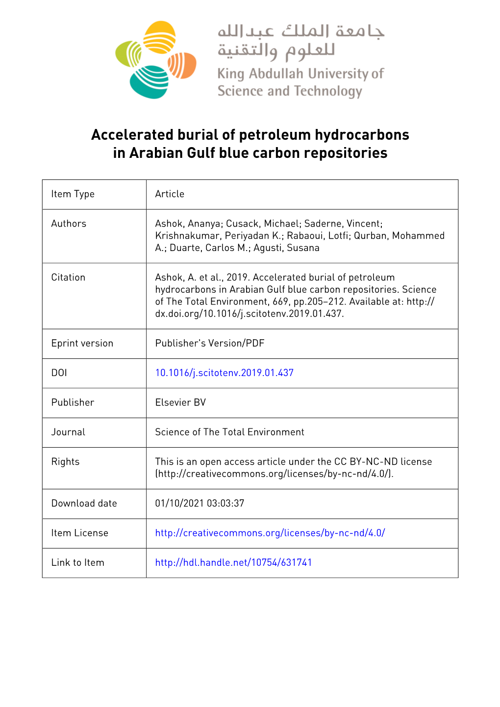 Accelerated Burial of Petroleum Hydrocarbons in Arabian Gulf Blue Carbon Repositories