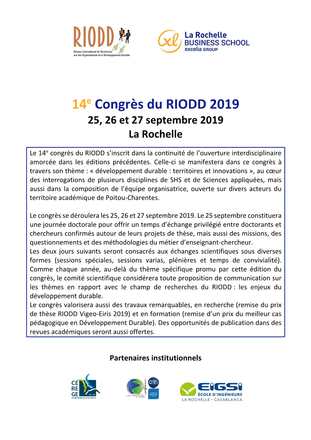 14E Congrès Du RIODD 2019 25, 26 Et 27 Septembre 2019 La Rochelle