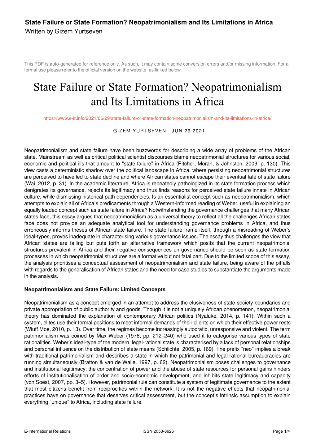 State Failure Or State Formation? Neopatrimonialism and Its Limitations in Africa Written by Gizem Yurtseven