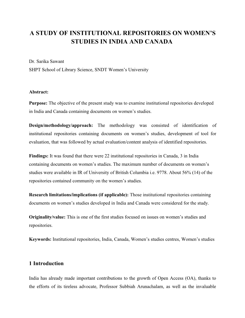 A Study of Institutional Repositories on Women S Studies in India and Canada