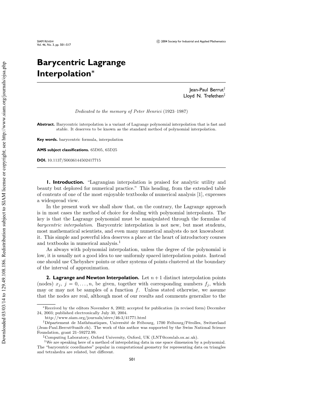 Barycentric Lagrange Interpolation∗