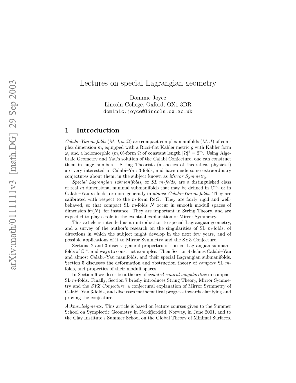 Lectures on Special Lagrangian Geometry