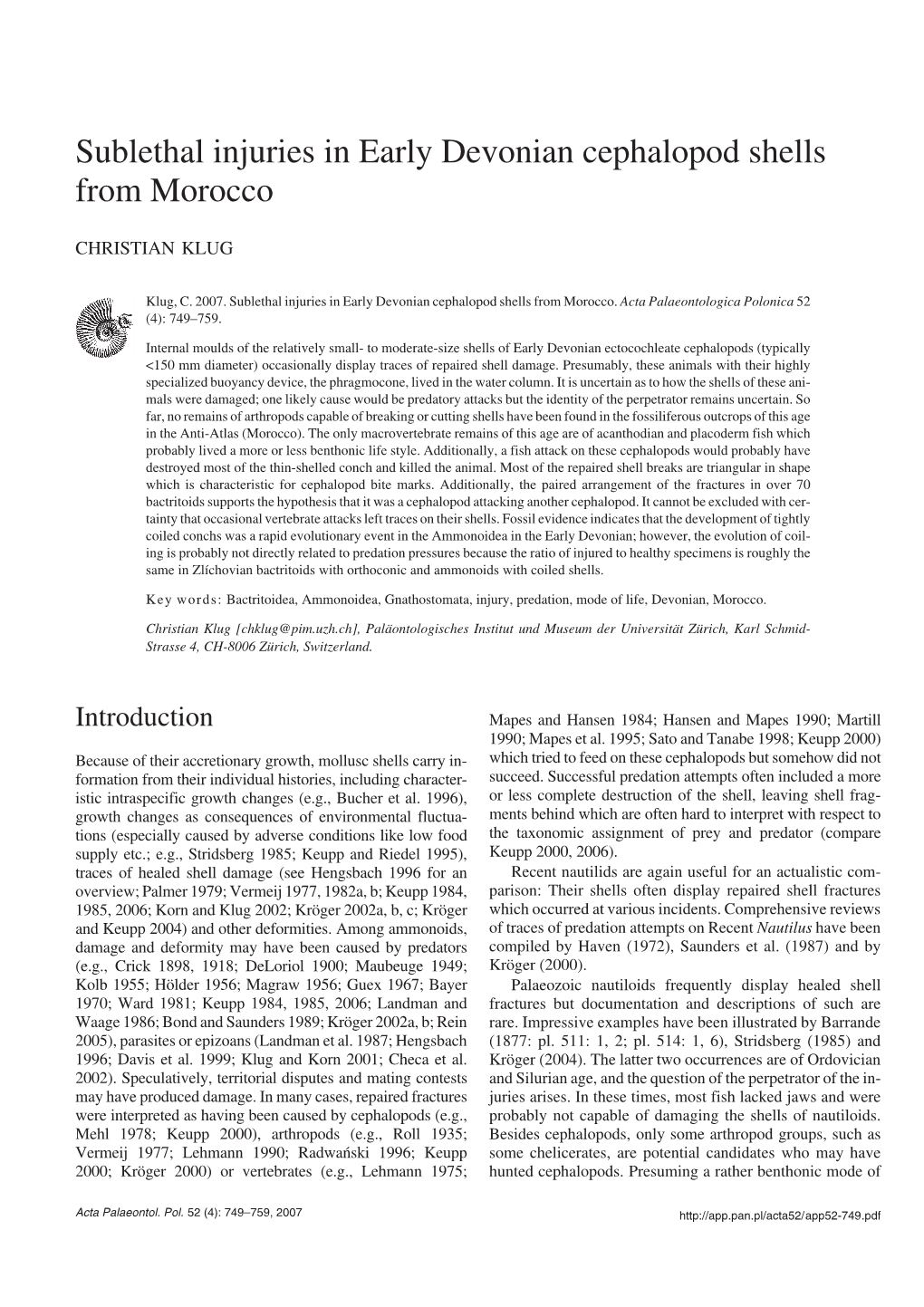 Sublethal Injuries in Early Devonian Cephalopod Shells from Morocco