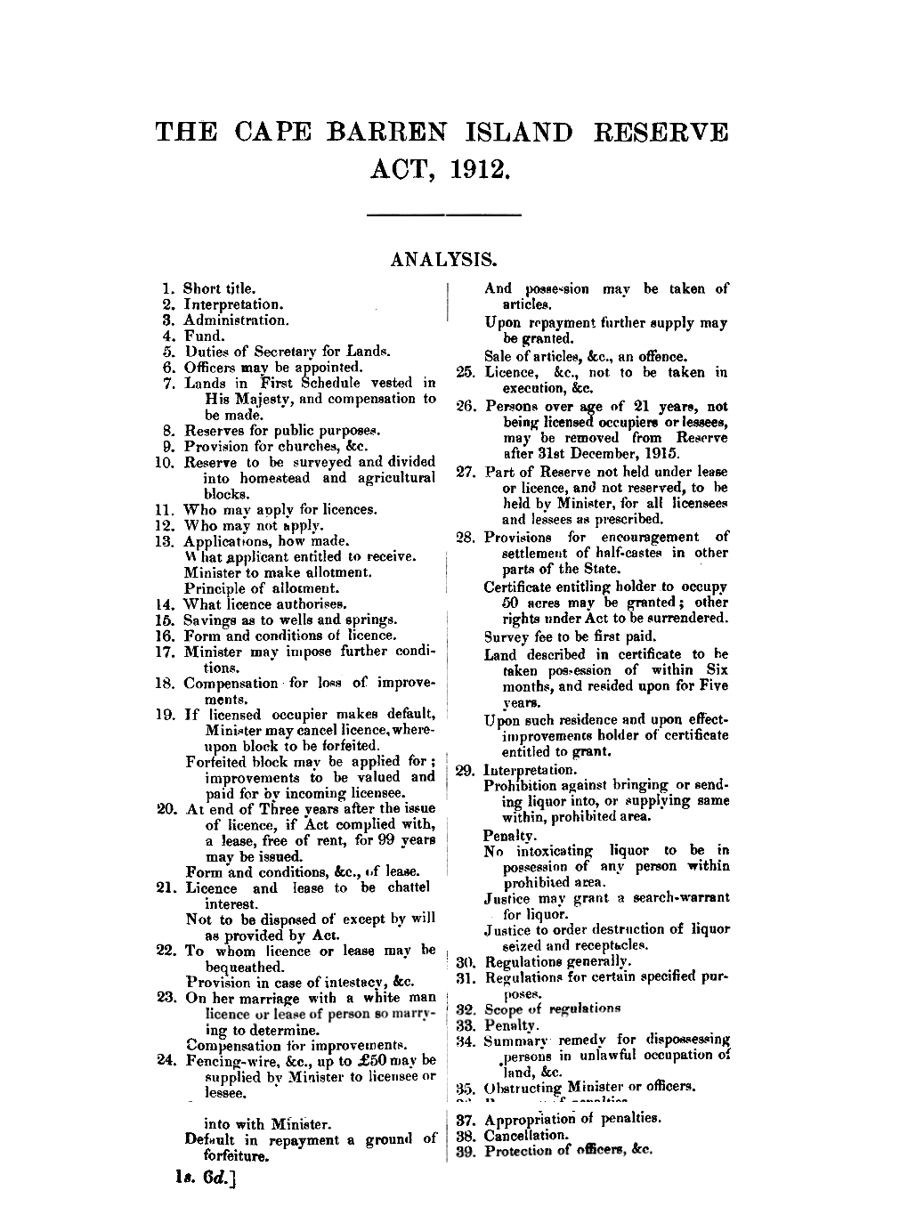 The Cape Barren Island Reserve Act, 1912