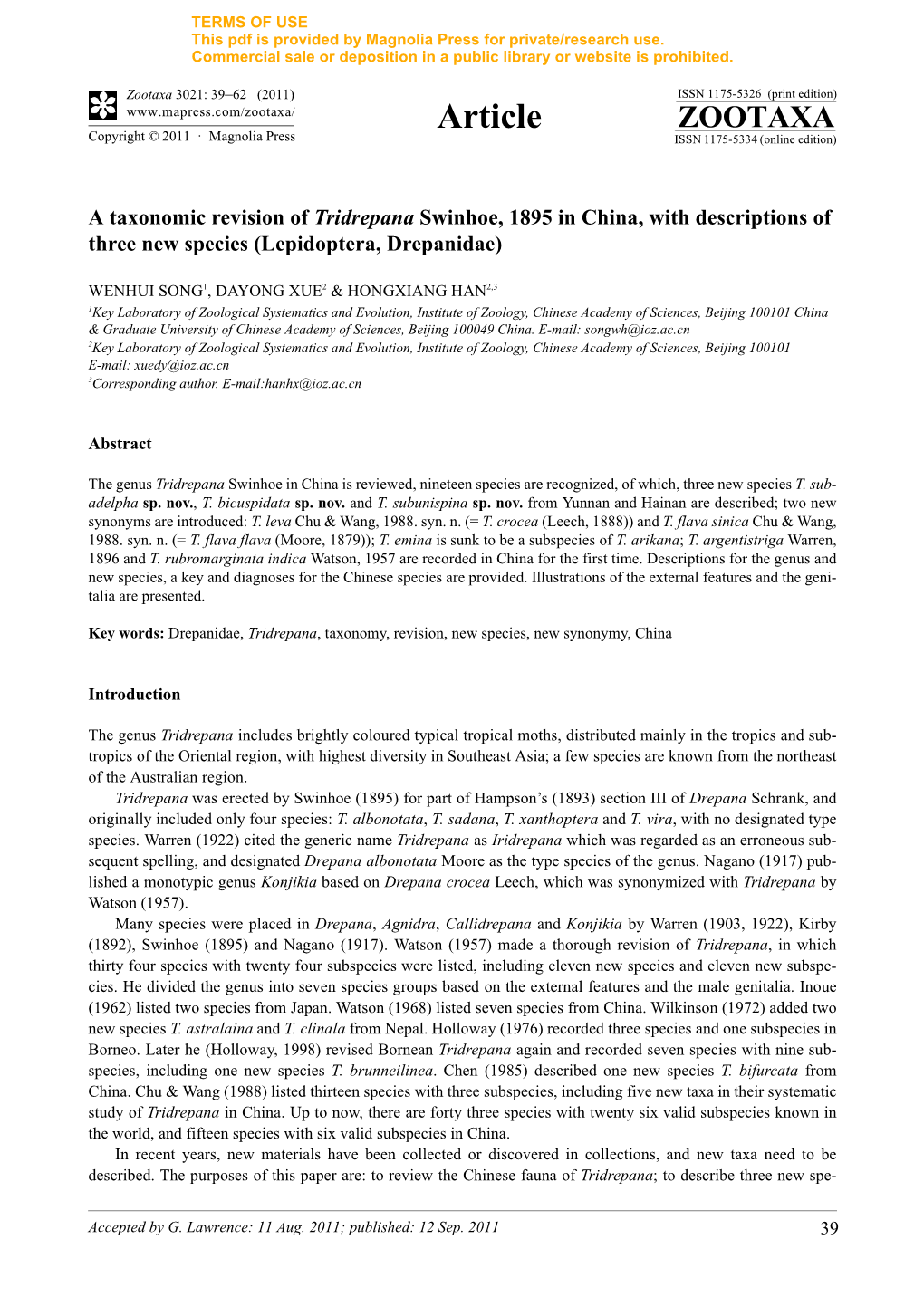 A Taxonomic Revision of Tridrepana Swinhoe, 1895 in China, with Descriptions of Three New Species (Lepidoptera, Drepanidae)