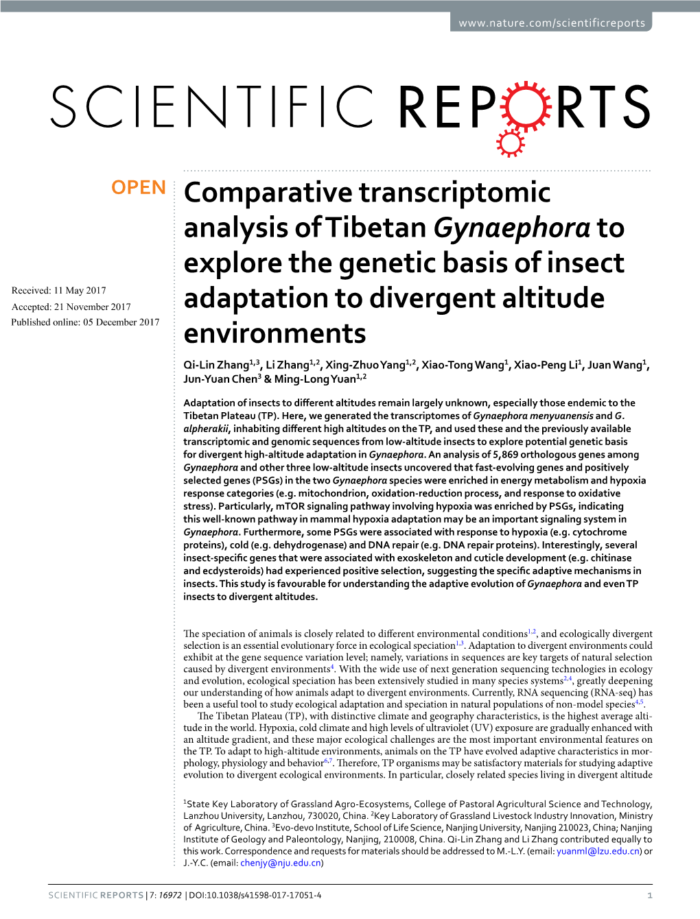 Comparative Transcriptomic Analysis of Tibetan Gynaephora to Explore
