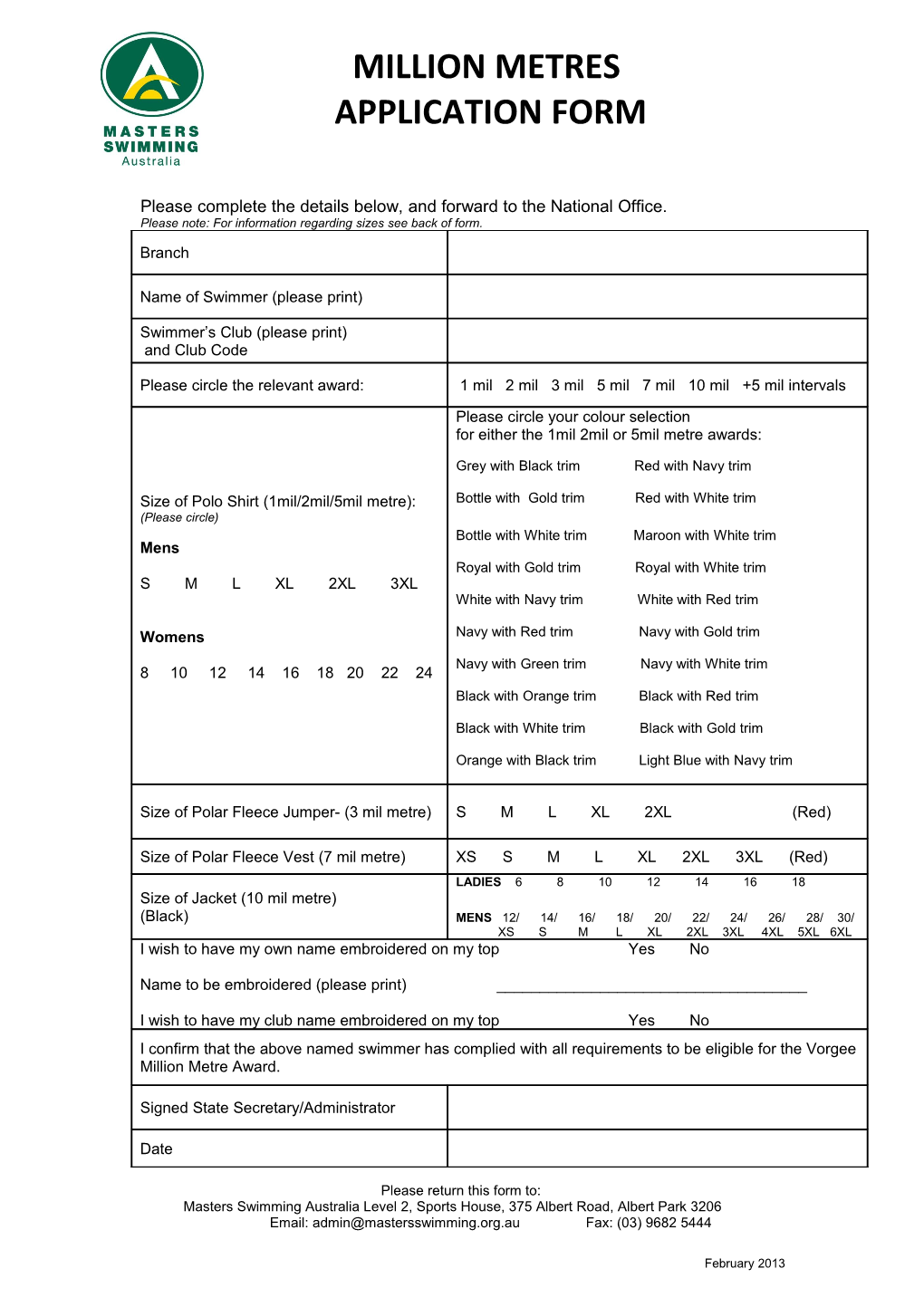 Application for Zoggs AUSSI Million Metre Award