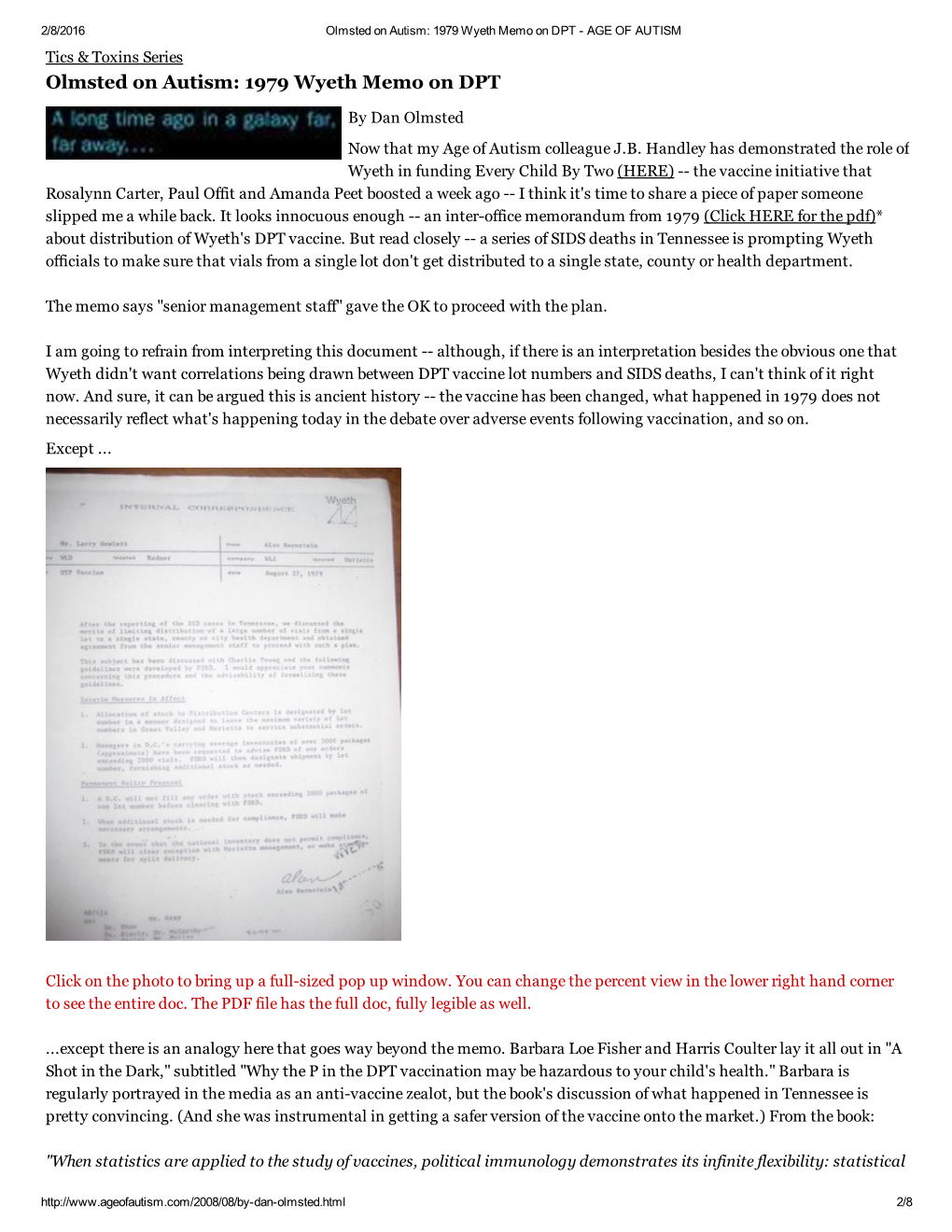 Olmsted on Autism: 1979 Wyeth Memo on DPT ­ AGE of AUTISM Tics & Toxins Series Olmsted on Autism: 1979 Wyeth Memo on DPT