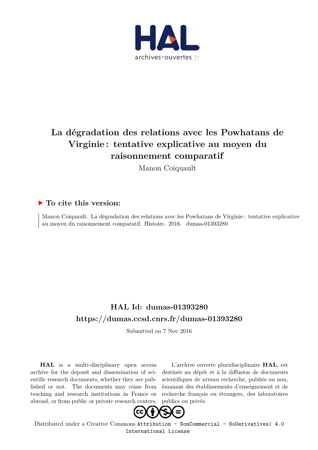 La Dégradation Des Relations Avec Les Powhatans De Virginie : Tentative Explicative Au Moyen Du Raisonnement Comparatif Manon Coiquault