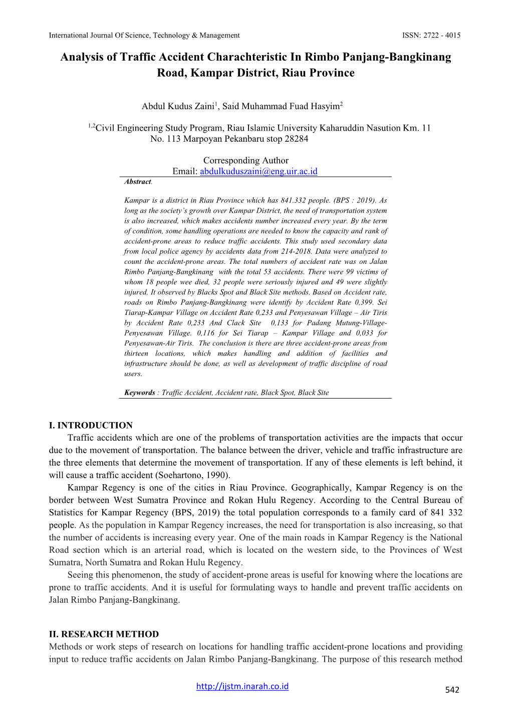 Analysis of Traffic Accident Charachteristic in Rimbo Panjang-Bangkinang Road, Kampar District, Riau Province