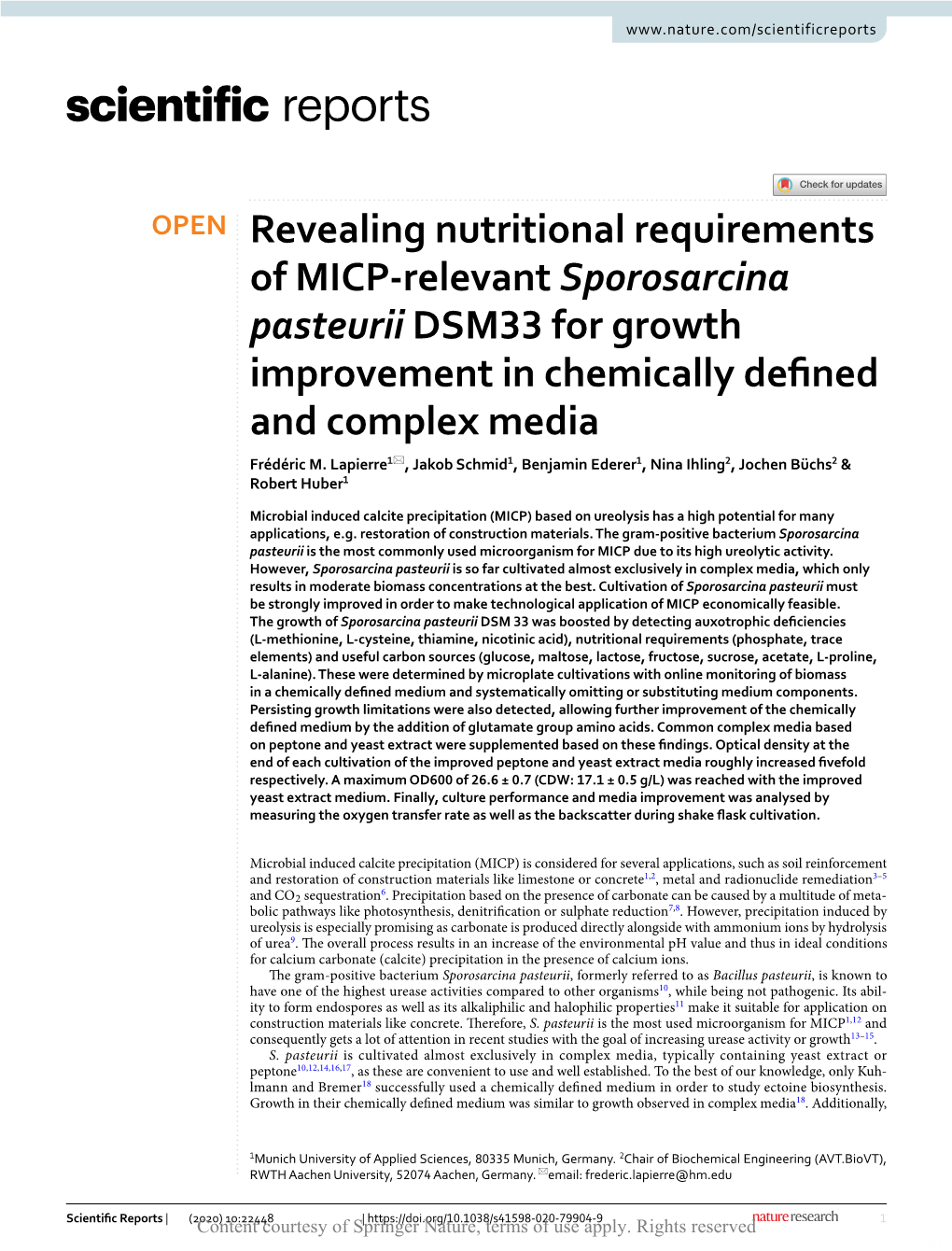 Revealing Nutritional Requirements of MICP‑Relevant Sporosarcina Pasteurii DSM33 for Growth Improvement in Chemically Defned and Complex Media Frédéric M