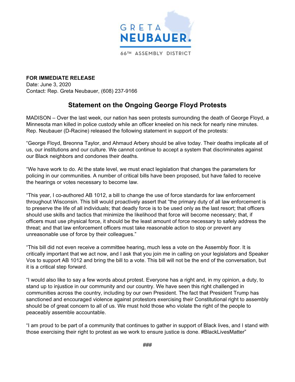 Statement on the Ongoing George Floyd Protests