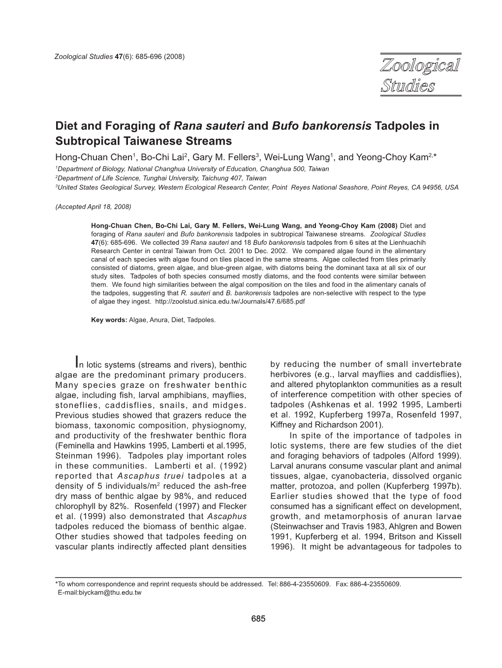 Diet and Foraging of Rana Sauteri and Bufo Bankorensis Tadpoles in Subtropical Taiwanese Streams Hong-Chuan Chen1, Bo-Chi Lai2, Gary M