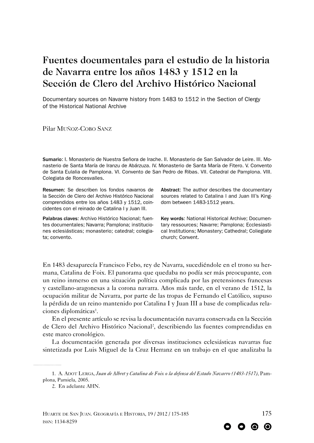 Fuentes Documentales Para El Estudio De La Historia De Navarra Entre Los Años 1483 Y 1512 En La Sección De Clero Del Archivo Histórico Nacional