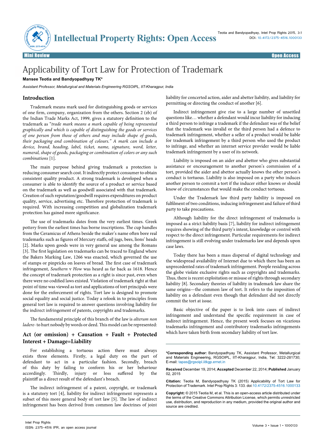 Applicability of Tort Law for Protection of Trademark