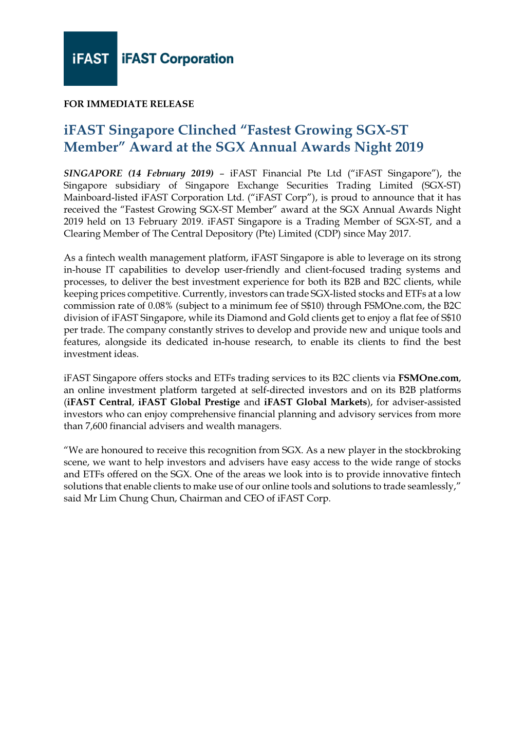 Ifast Singapore Clinched “Fastest Growing SGX-ST Member” Award at the SGX Annual Awards Night 2019