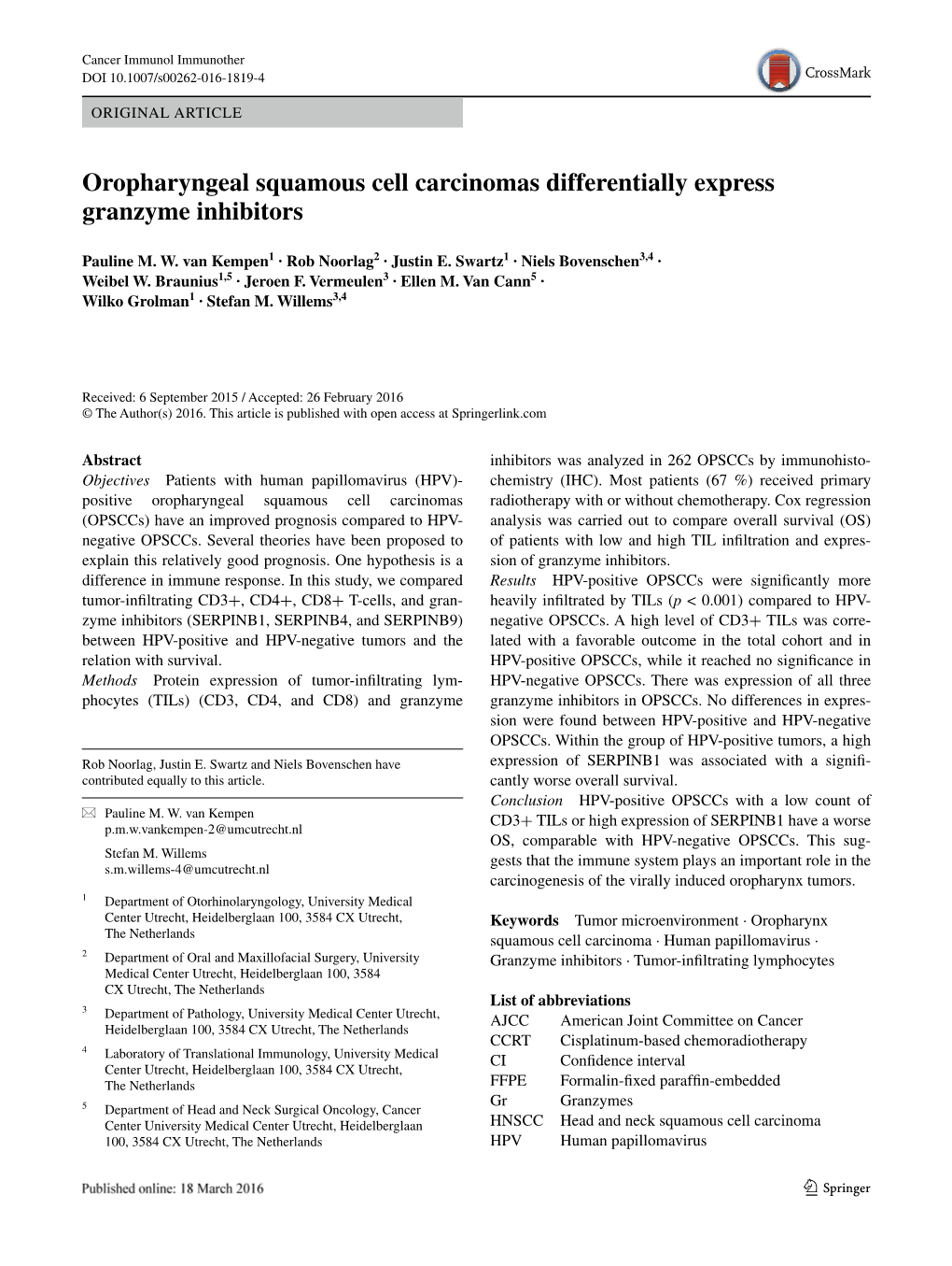 Oropharyngeal Squamous Cell Carcinomas Differentially Express Granzyme Inhibitors