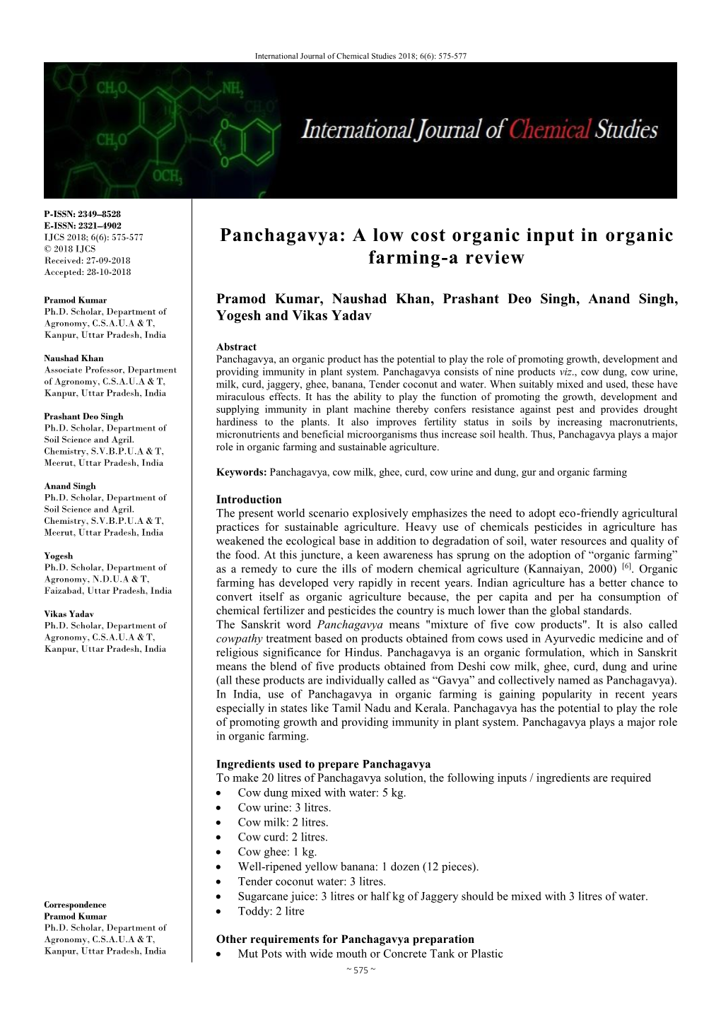 Panchagavya: a Low Cost Organic Input in Organic © 2018 IJCS Received: 27-09-2018 Farming-A Review Accepted: 28-10-2018