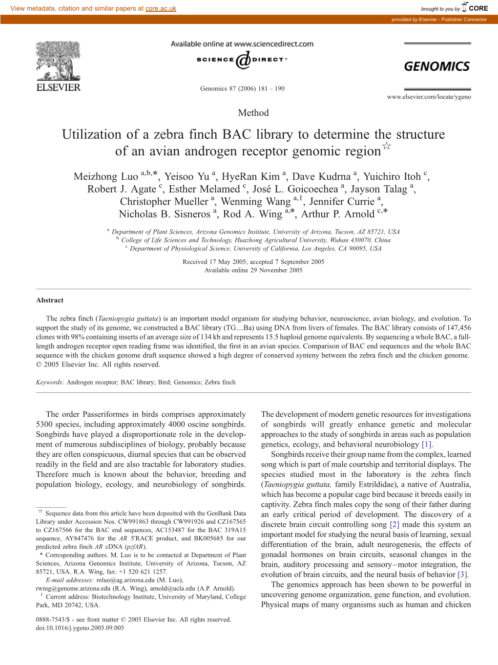 Utilization of a Zebra Finch BAC Library to Determine the Structure of an Avian Androgen Receptor Genomic Regioni