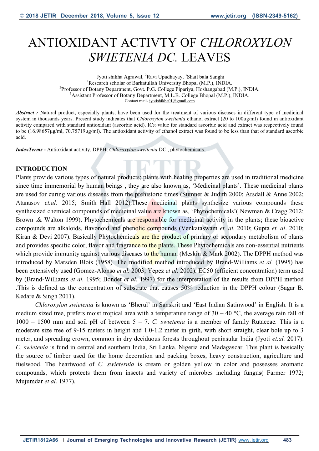 Antioxidant Activty of Chloroxylon Swietenia Dc