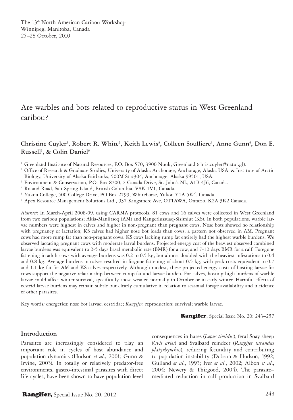 Are Warbles and Bots Related to Reproductive Status in West Greenland Caribou?