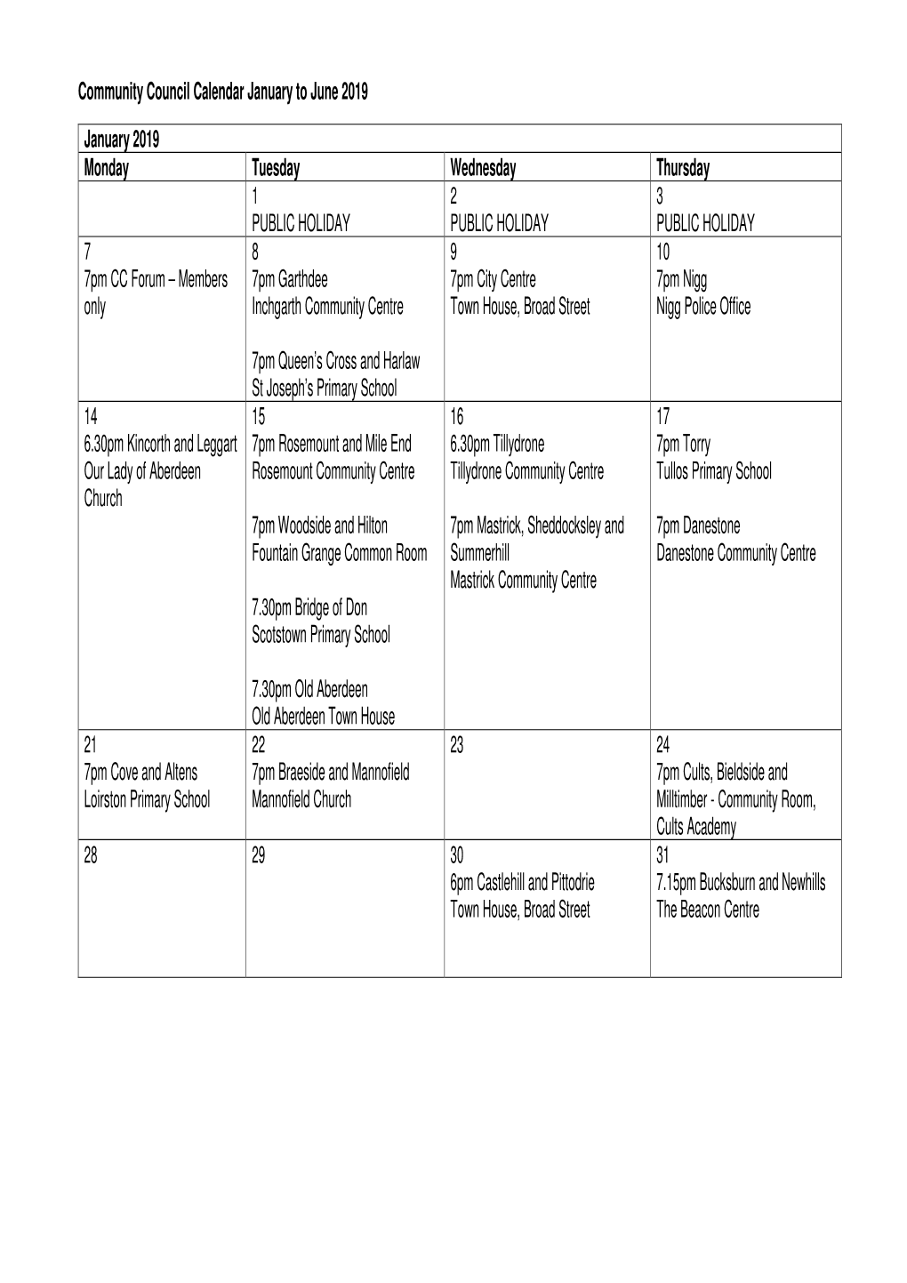 Community Council Calendar January to June 2019 January 2019