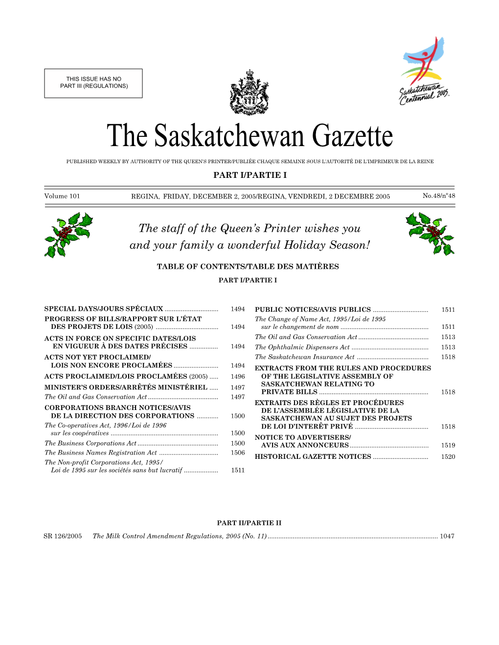 Sask Gazette, Part I, Dec 2, 2005