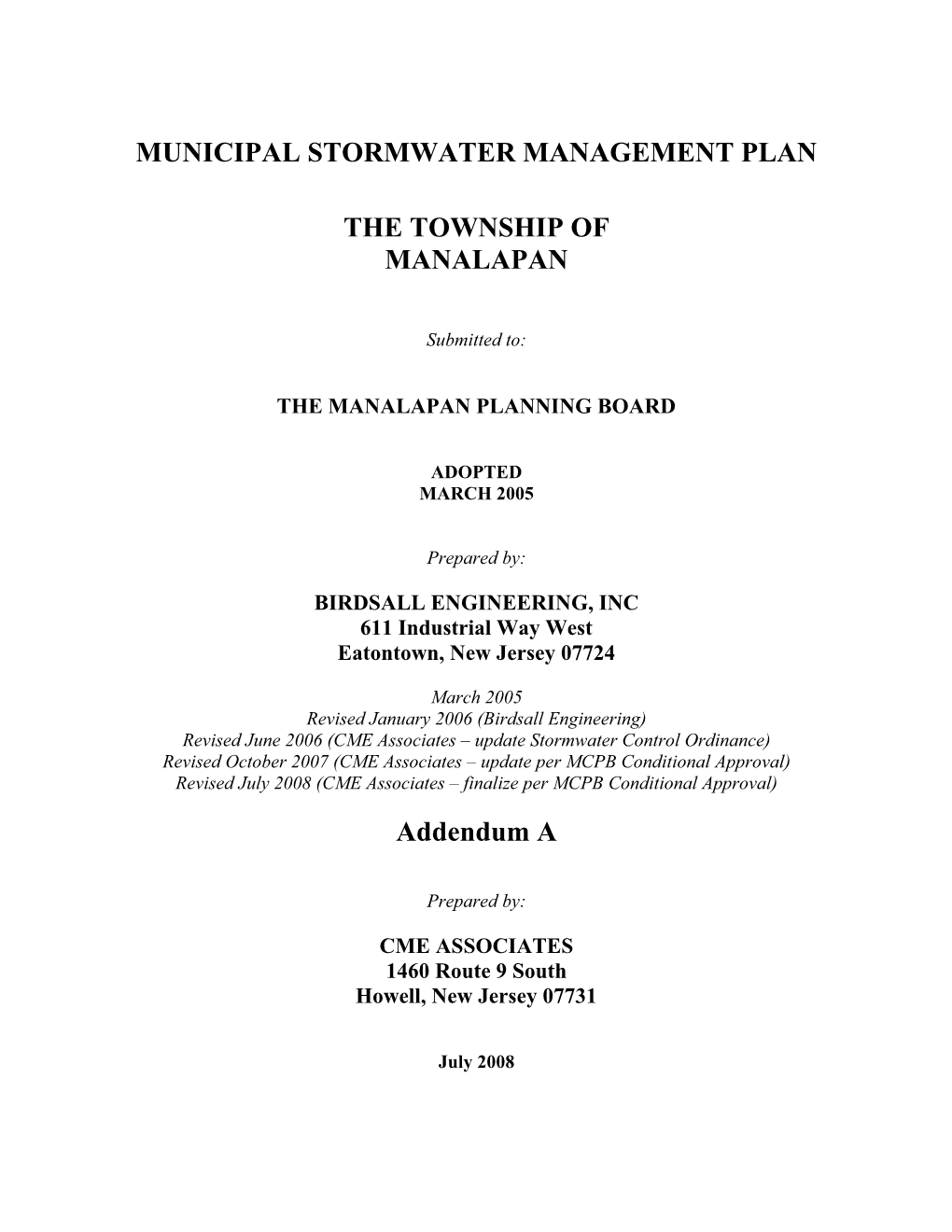 Municipal Stormwater Management Plan the Township of Manalapan