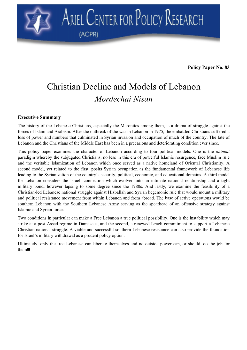 Christian Decline and Models of Lebanon Mordechai Nisan