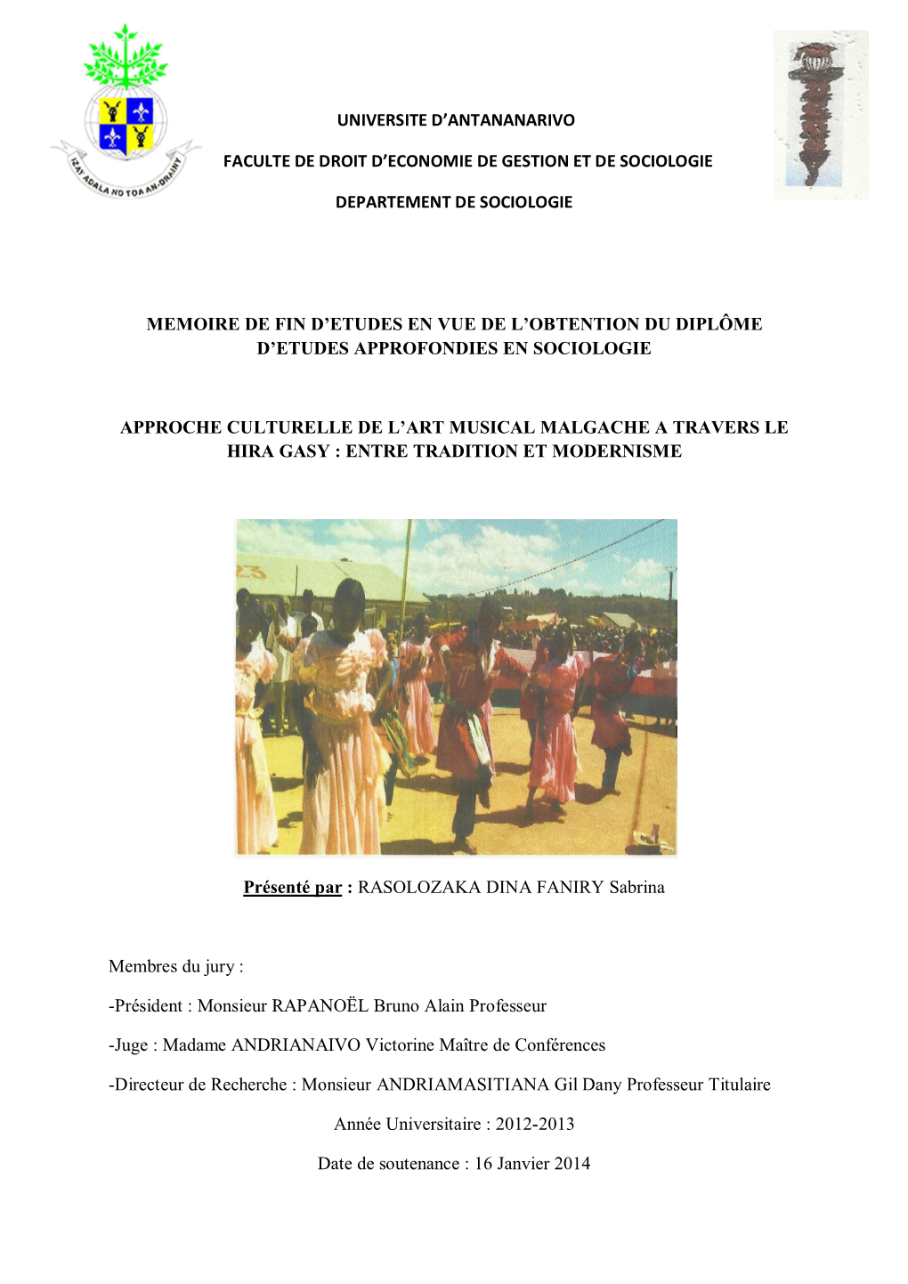 Universite D'antananarivo Faculte De Droit D'economie De Gestion Et De Sociologie Departement De Sociologie Memoire De Fin D