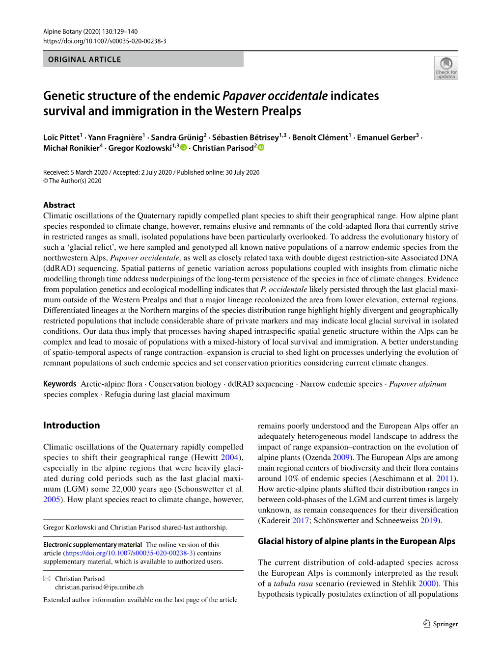 Genetic Structure of the Endemic Papaver Occidentale Indicates Survival and Immigration in the Western Prealps