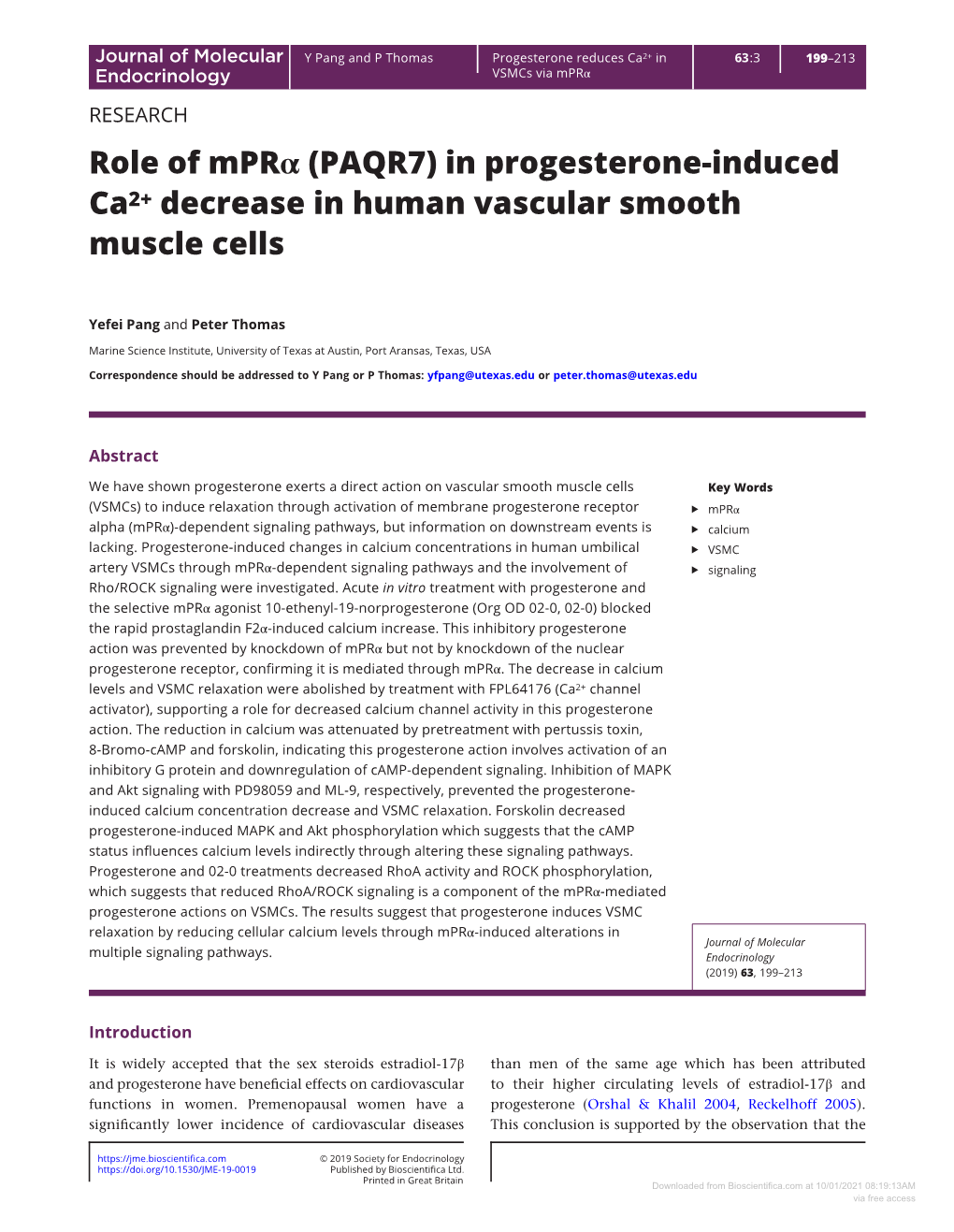 (PAQR7) in Progesterone-Induced Ca2+ Decrease in Human Vascular Smooth Muscle Cells