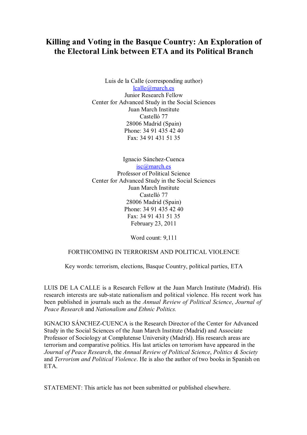 Killing and Voting in the Basque Country: an Exploration of the Electoral Link Between ETA and Its Political Branch