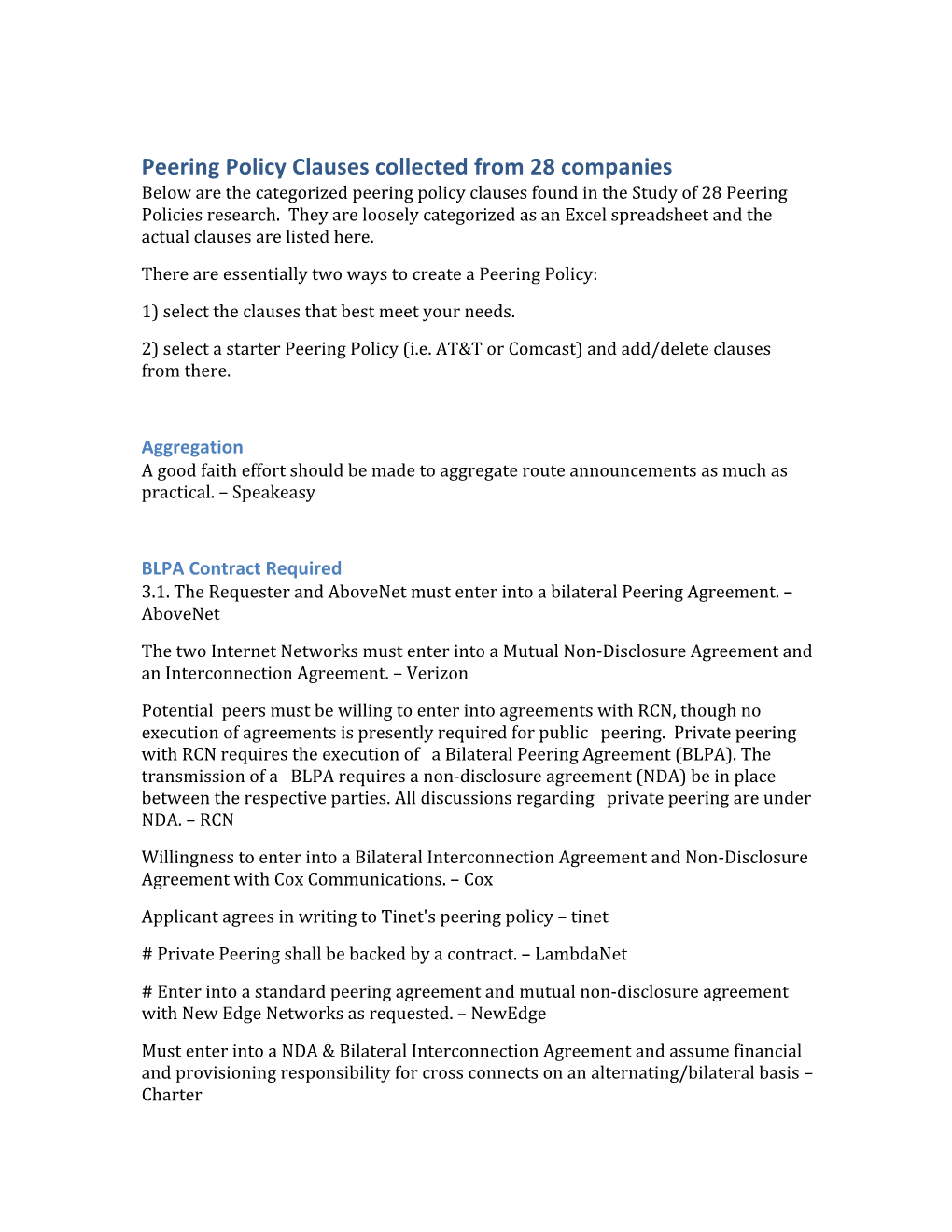 Peering Policy Clauses Collected from 28 Companies Below Are the Categorized Peering Policy Clauses Found in the Study of 28 Peering Policies Research