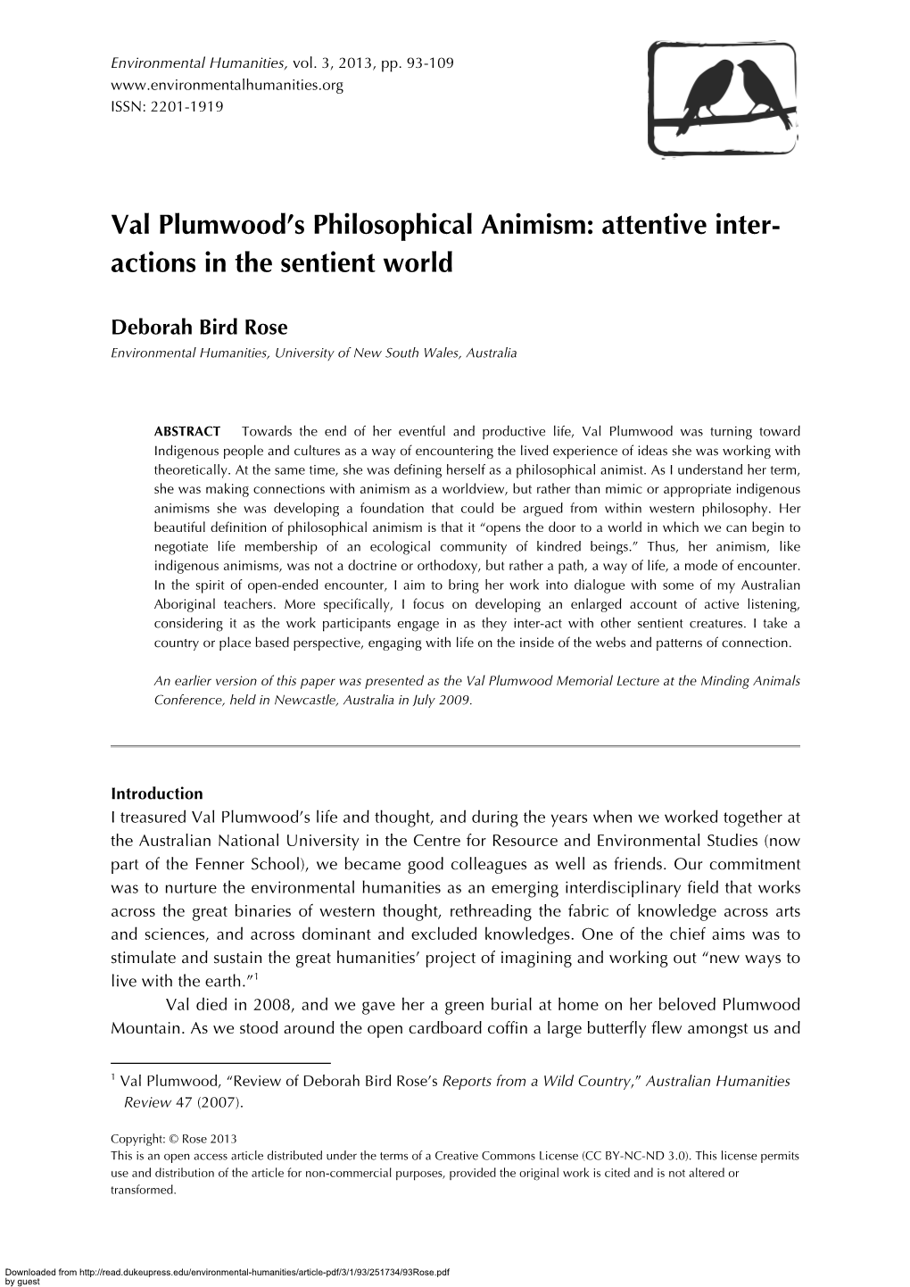 Val Plumwood's Philosophical Animism