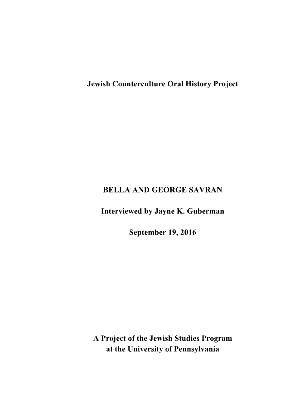 Jewish Counterculture Oral History Project BELLA and GEORGE