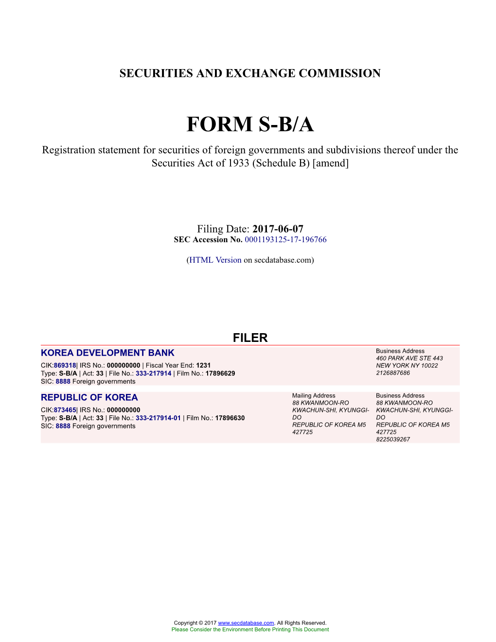 KOREA DEVELOPMENT BANK Form S-B/A Filed 2017-06-07