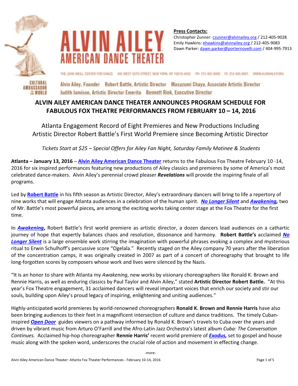 Alvin Ailey American Dance Theater Announces Program Schedule for Fabulous Fox Theatre Performances from February 10 – 14, 2016