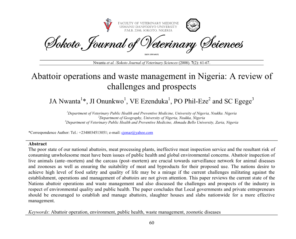 Sokoto Journal of Veterinary Sciences, Volume 7 (Number 2): November 2008