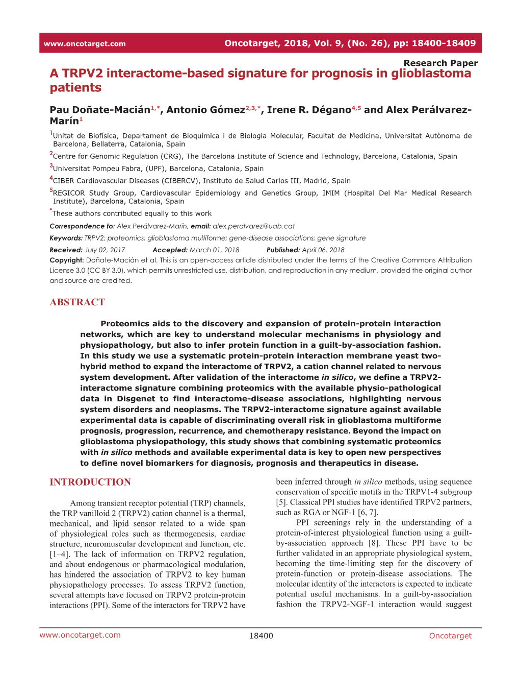 A TRPV2 Interactome-Based Signature for Prognosis in Glioblastoma Patients