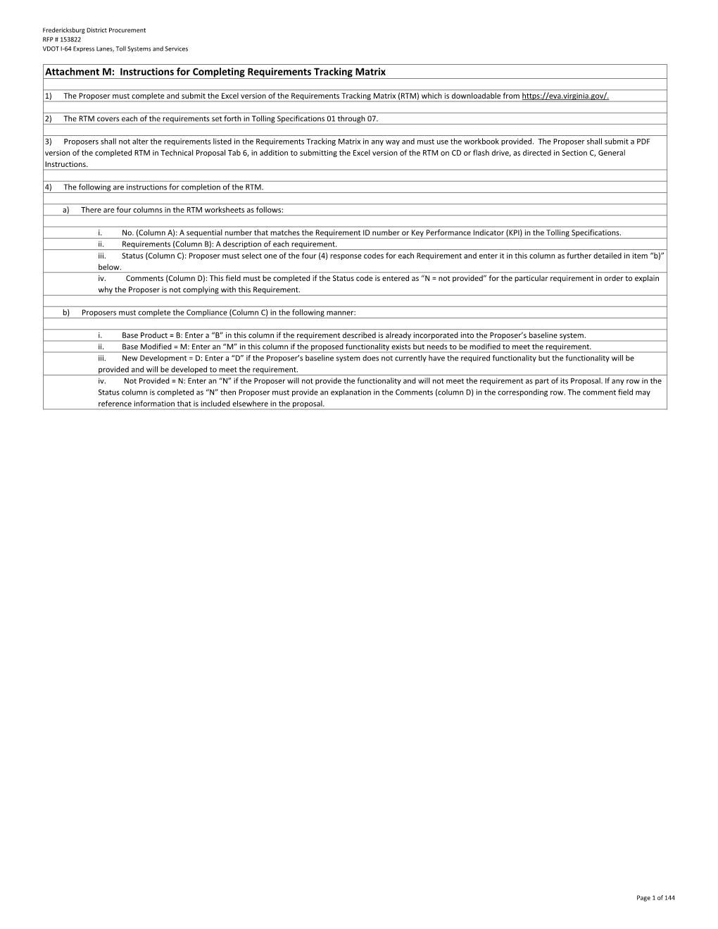 Attachment M: Instructions for Completing Requirements Tracking Matrix