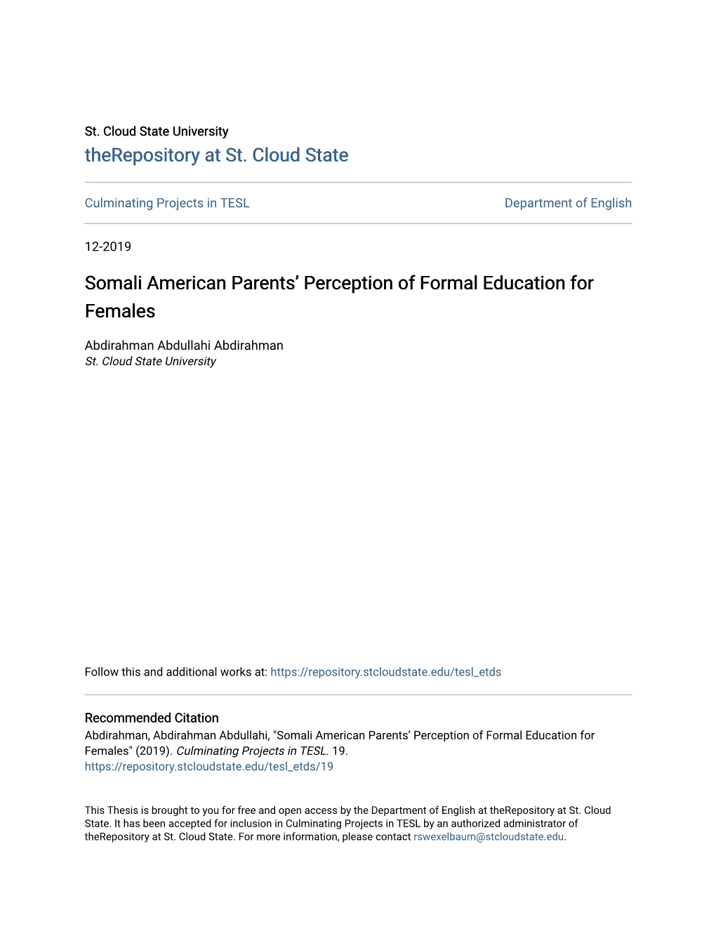 Somali American Parents' Perception of Formal Education for Females