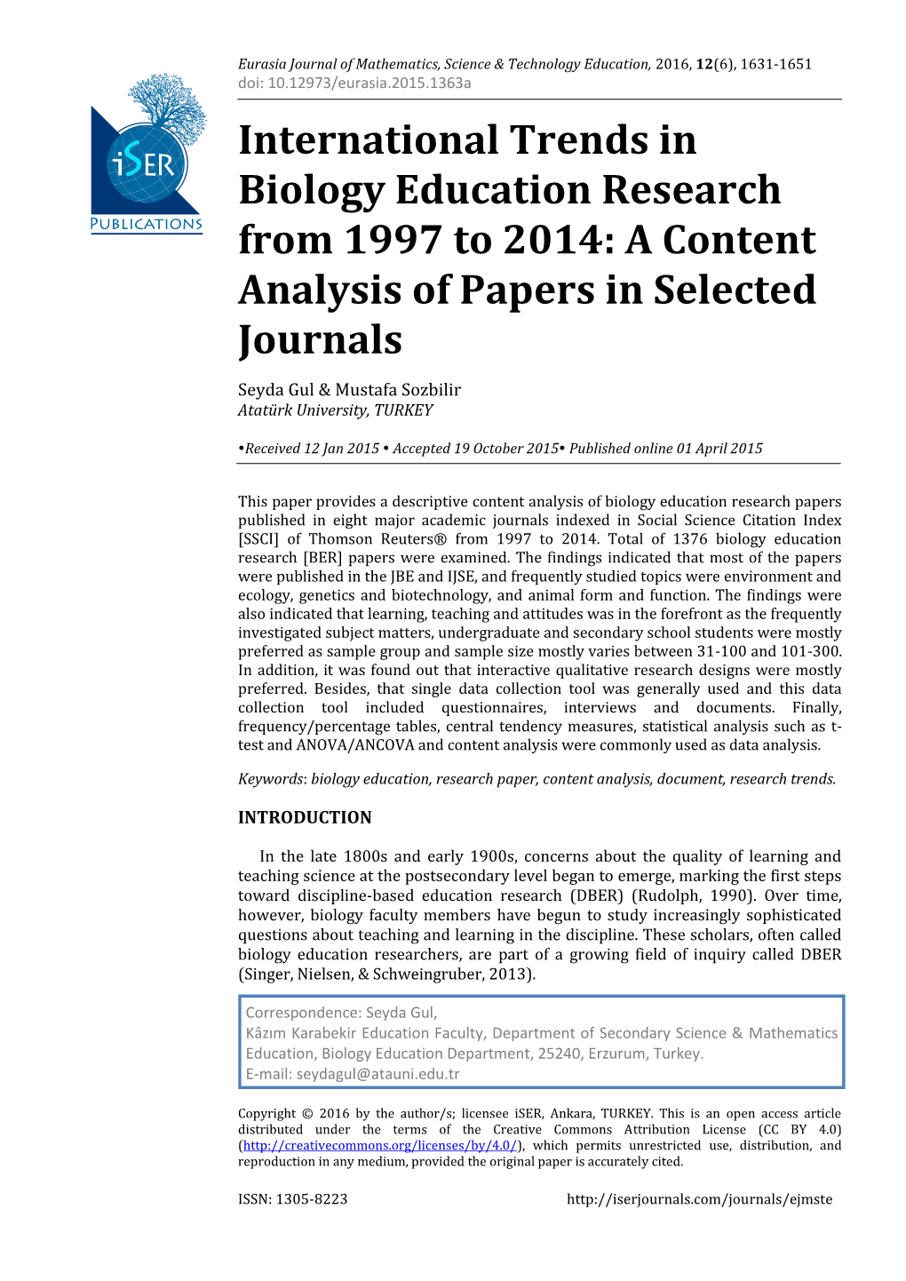 International Trends in Biology Education Research from 1997 to 2014: a Content Analysis of Papers in Selected Journals