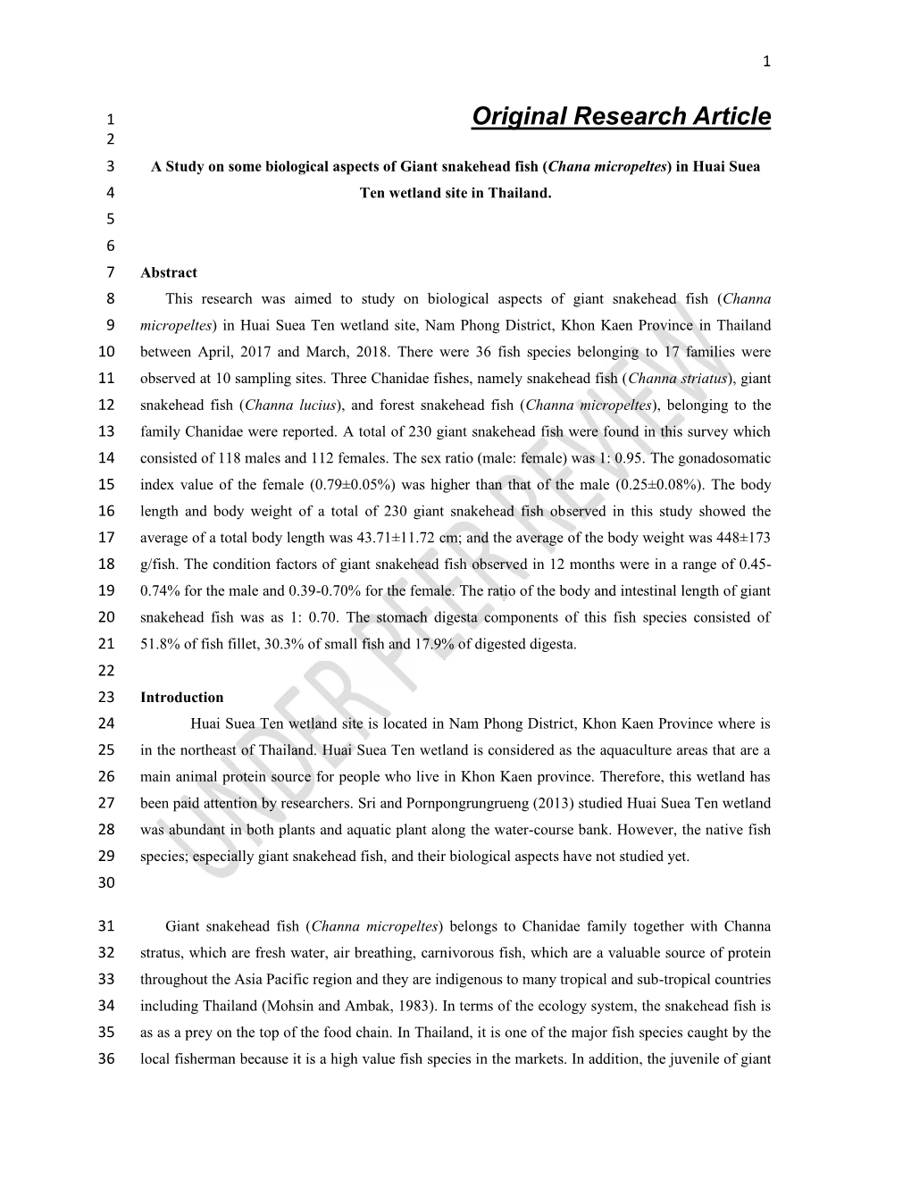 Original Research Article 2 3 a Study on Some Biological Aspects of Giant Snakehead Fish (Chana Micropeltes) in Huai Suea 4 Ten Wetland Site in Thailand