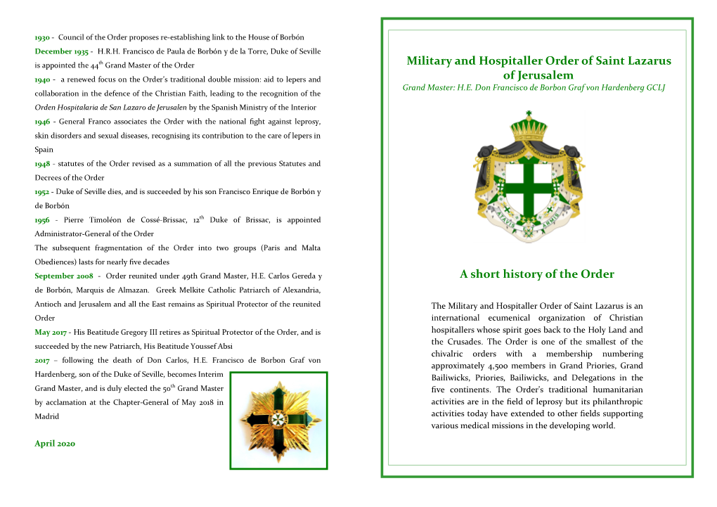 A Short History of the Order Military and Hospitaller Order of Saint
