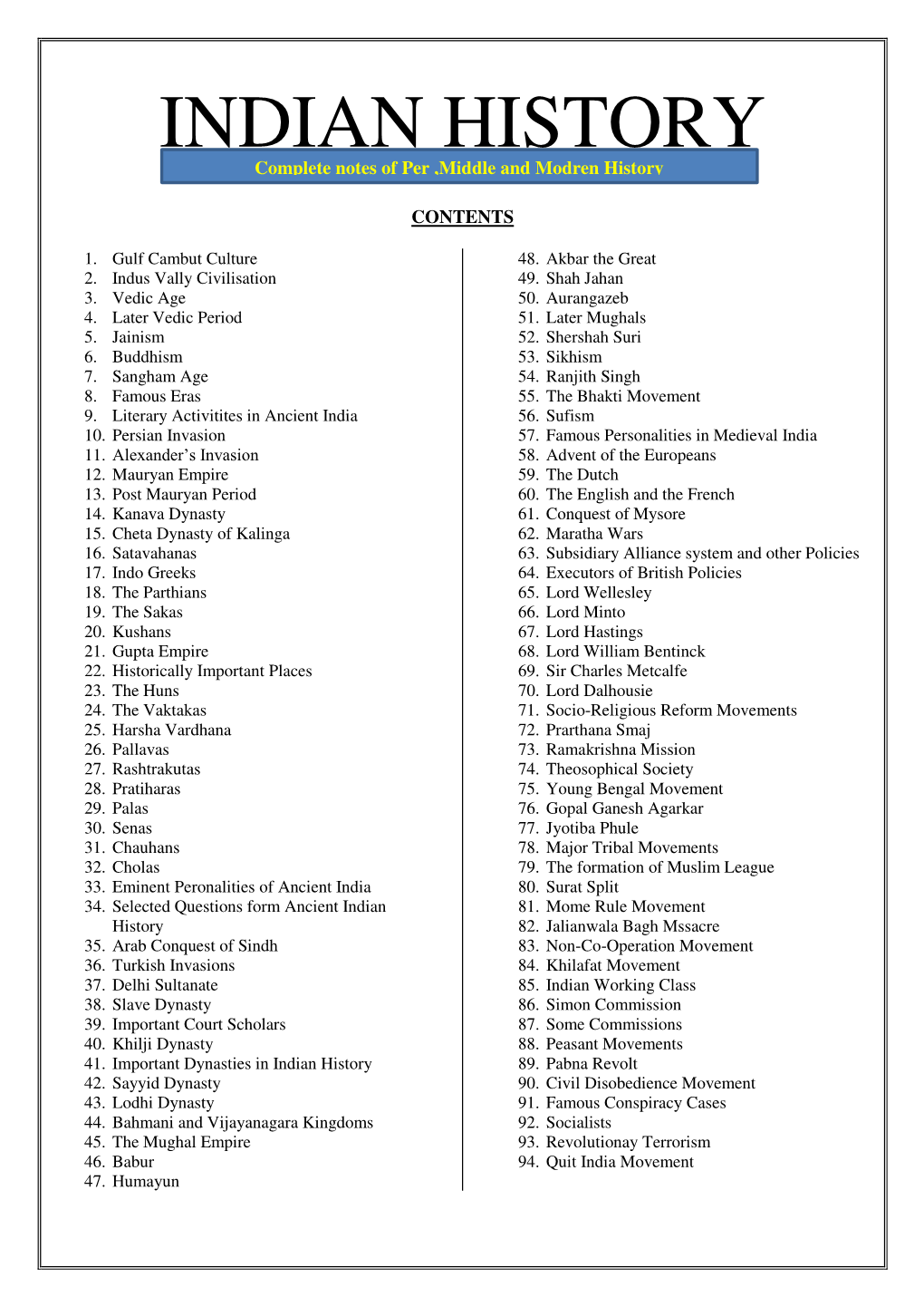 INDIAN HISTORY Complete Notescomplete of Per Notes ,Middle of Per and ,Middle Modren History